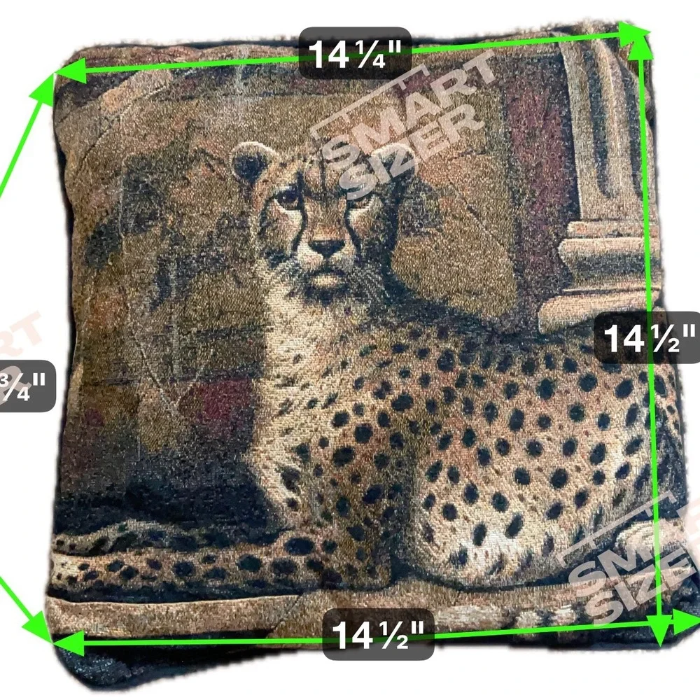 Tapestry Vintage Throw Pillow Cheetah Accent Woven Decorator Trim Cushion 14.5